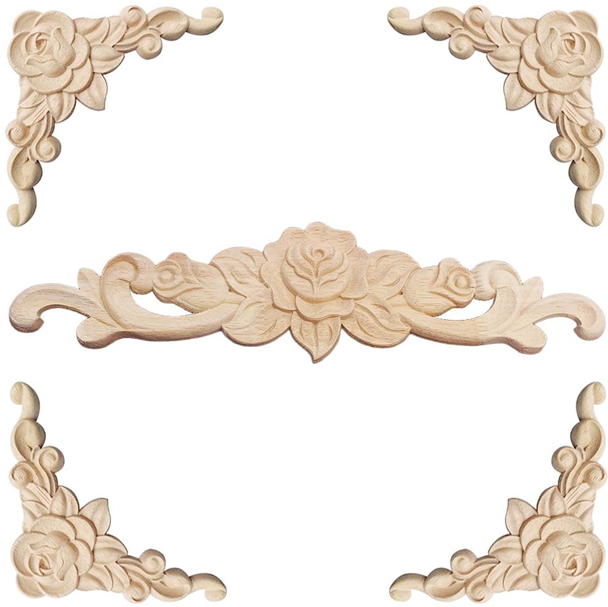 Elzusha - 5 Stuks Houten Decoratieve Hoekjes - Gegraveerde Mouldings voor Meubeldecoratie