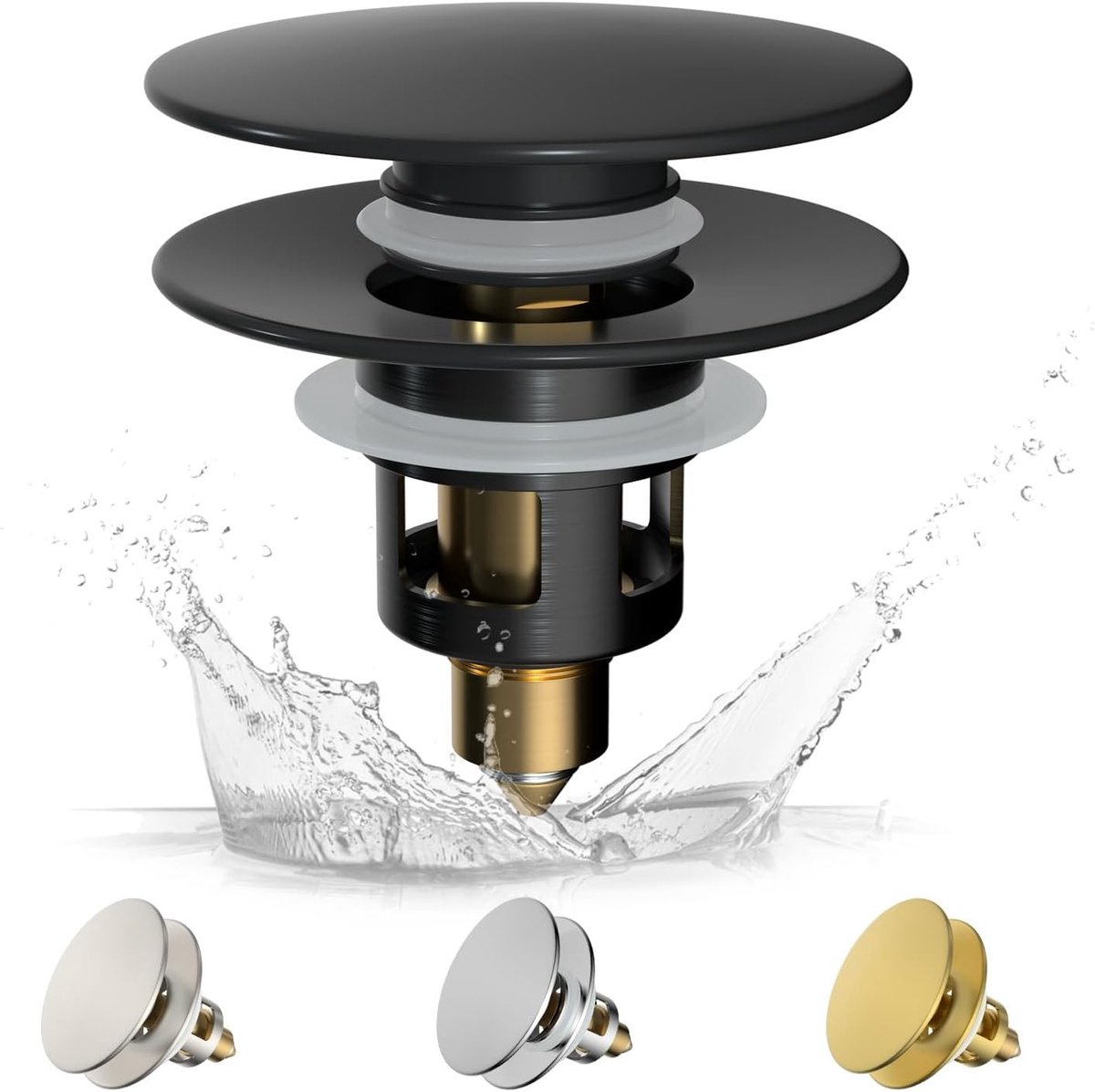 Pop-up afvoerplug met zeef, messing veermechanisme, vervangbare universele plug voor wastafel 28-60mm, zwart, ideaal voor badkamer en keuken