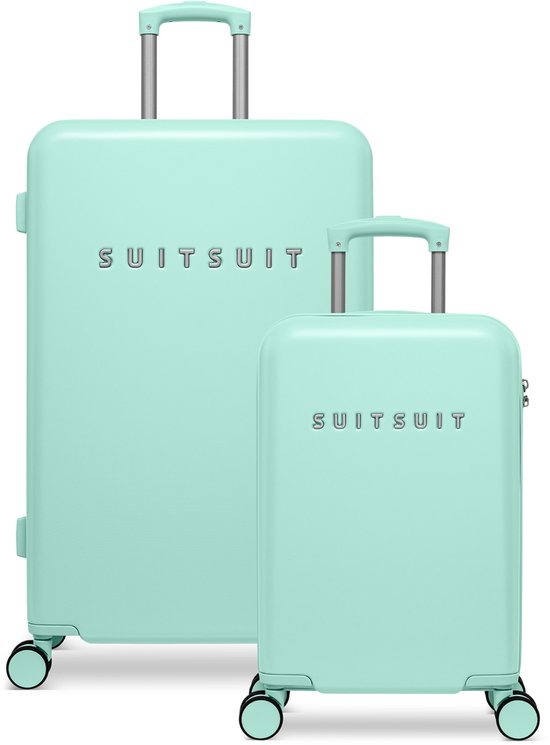 Twee mintgroene SUITSUIT koffers, handbagage en ruimbagage, met uitschuifbare handvatten.