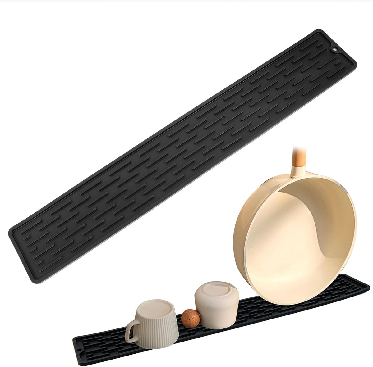 Slimme Siliconen Afvoermat voor Flessen, Glazen en Snijplanken - Antislip, 55 x 9 x 0.5 cm, Zwart, Ideaal voor Keuken en Badkamer