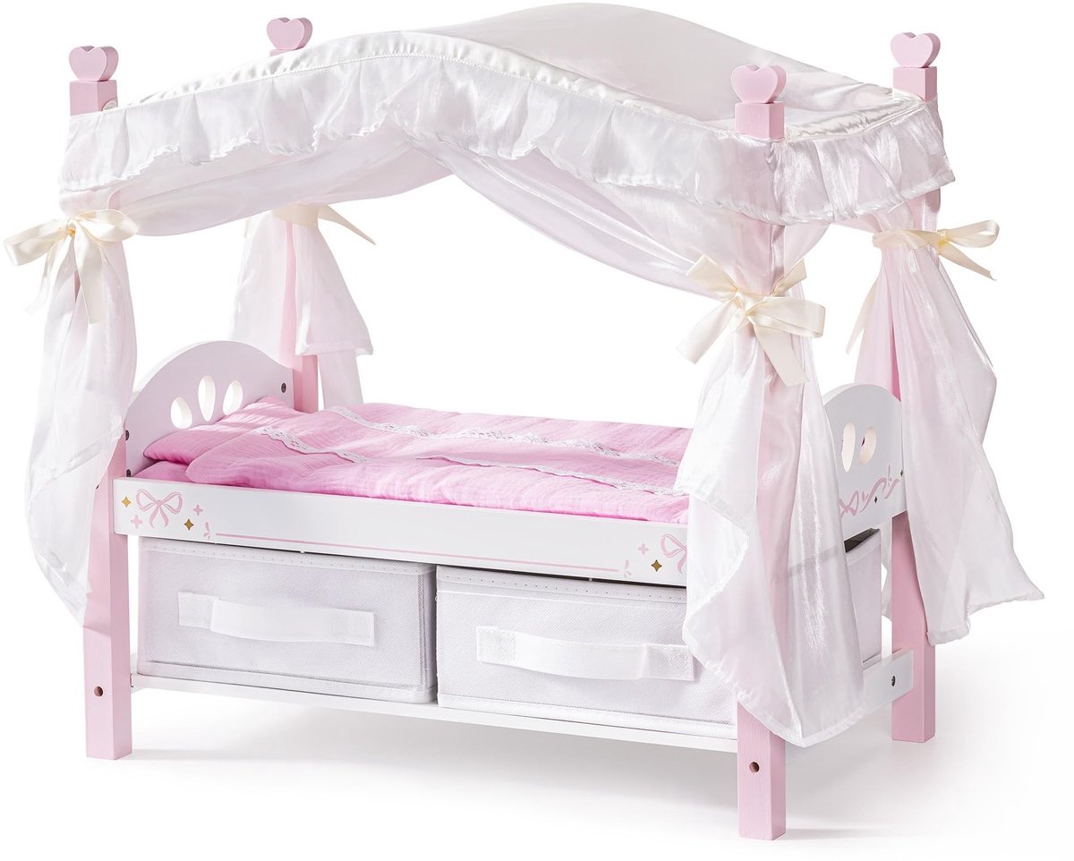 Elzusha - Houten Poppenbed met Hemelbed en Beddengoed
