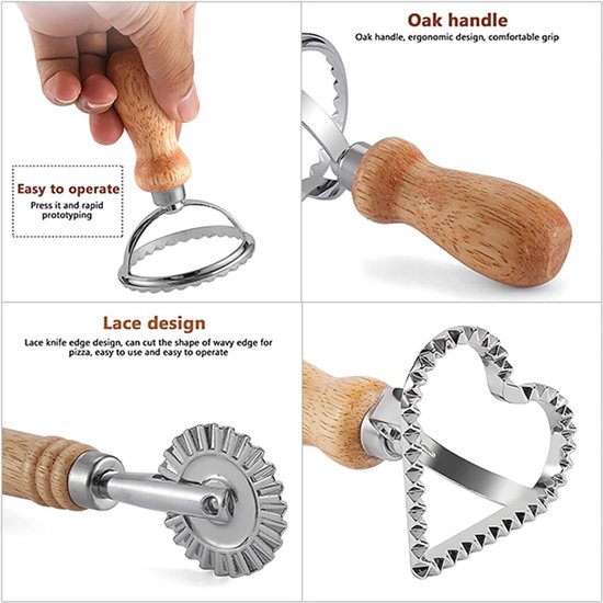Deegwiel Hulpmiddel - Pastamaker Wiel - Zelf Pasta Maken - Houten Handvat - Set van 4 - Zilver en Hout — afbeelding 4