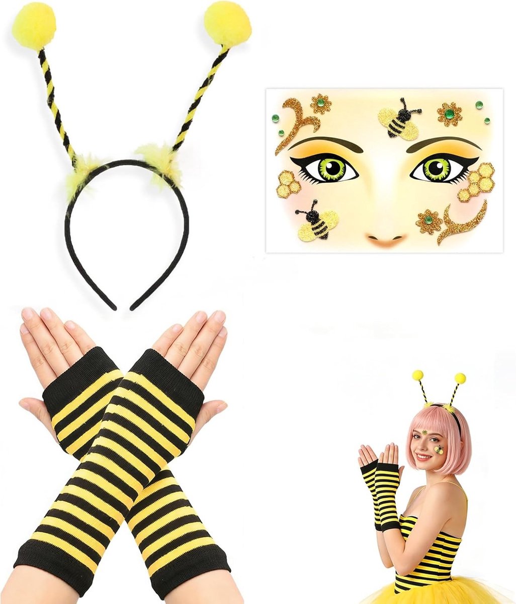 Driedelig bijen kostuum voor vrouwen met haarband, handschoenen en gezichtstatoeage - Carnaval outfit voor volwassenen en meisjes - Geel/Zwart, perfect voor feesten en cosplay