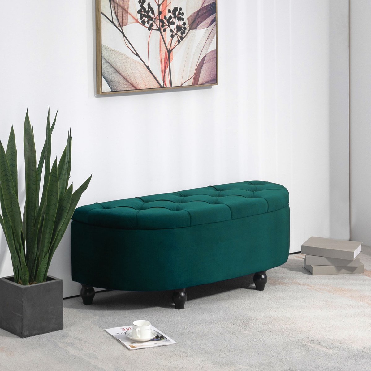 REDOM - Zitbank met opbergruimte - Gecapitonneerde zitting - Lage poten - Klassieke stijl - Woonkamer, hal of slaapkamer - Polyester en velvet - Donkergroen - 120 x 46 x 42 cm