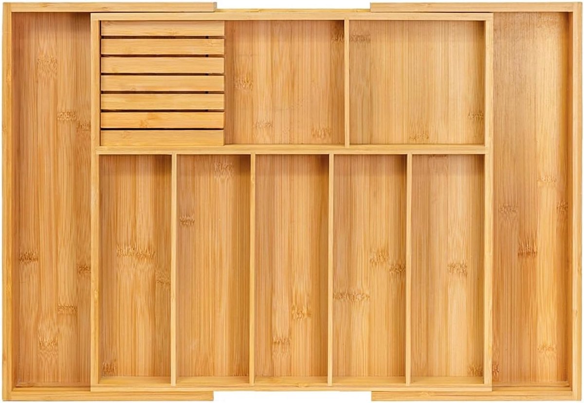 Extra grote bamboe besteklade organizer, uitbreidbare bestekhouder met verdelers voor keuken, verstelbare utensilhouder en bestekopslag (45.5-79 x 43 x 6.3cm)
