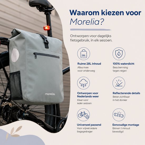 Morelia® Fietstas Set (2x 28 Liter Sage Green) - Incl Laptoptas & Achterlicht - Fietstassen voor E-bikes - Fietstassen Electrische Fietsen - Fietstassen Dubbel - 100% Waterdicht - Tarpaulin materiaal van Morelia — afbeelding 5