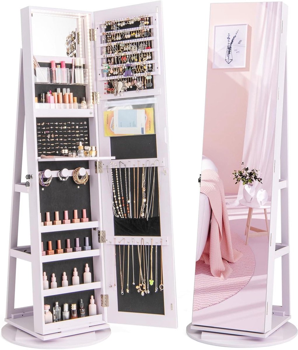 Sieradenkast met spiegel - Opberger met spiegel - Sieraden organiseren - 360 graden draaibaar - 161 cm hoog - Lila