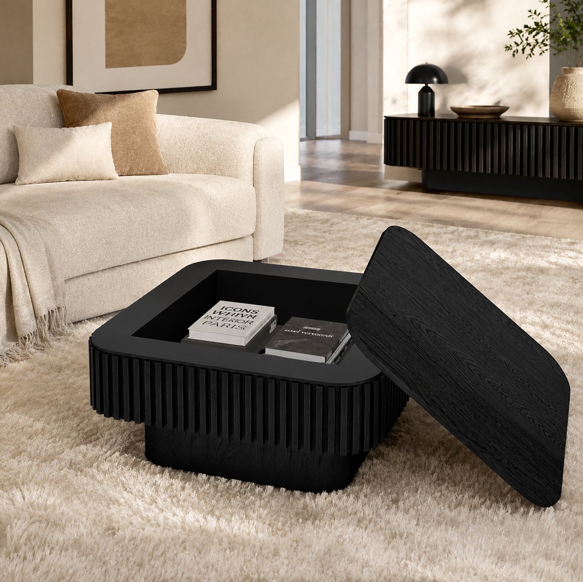 COVREO Salontafel 75x75x35 cm zwart MDF houtfineer - vierkant - verborgen opbergruimte - modern