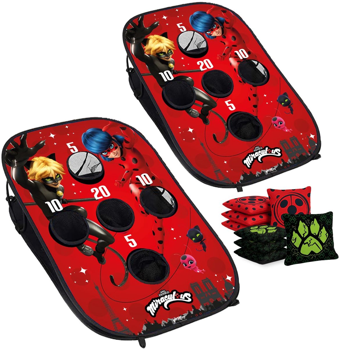 Official Miraculous – Cornhole Battle Ladybug & Cat Noir – Lightweight Foldable Fabric 90×60 cm – 2 Boards + 8 Bags + - ShopVlot
