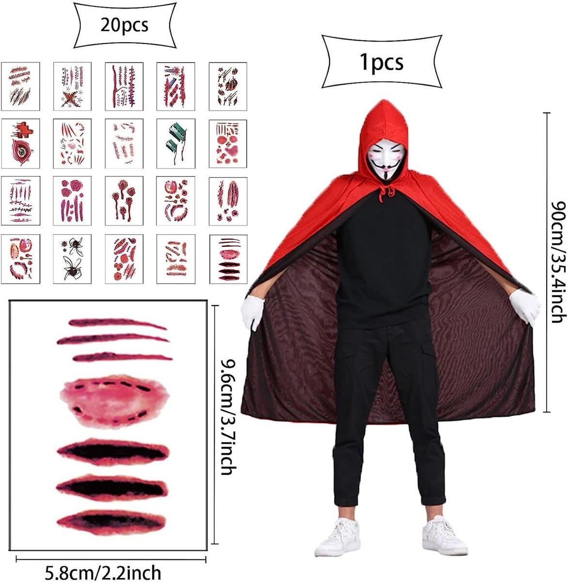 Halloween Kostuum voor Vampiers met Kap en 20 Tatoeages - Ideaal voor Carnavalsfeesten en Cosplay