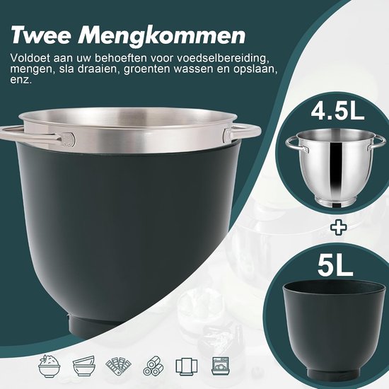 Keukenmachine - Standmixer - Bakken en Koken - Dubbele Mengkom - 4.5L + 5L - Donkergroen — afbeelding 5