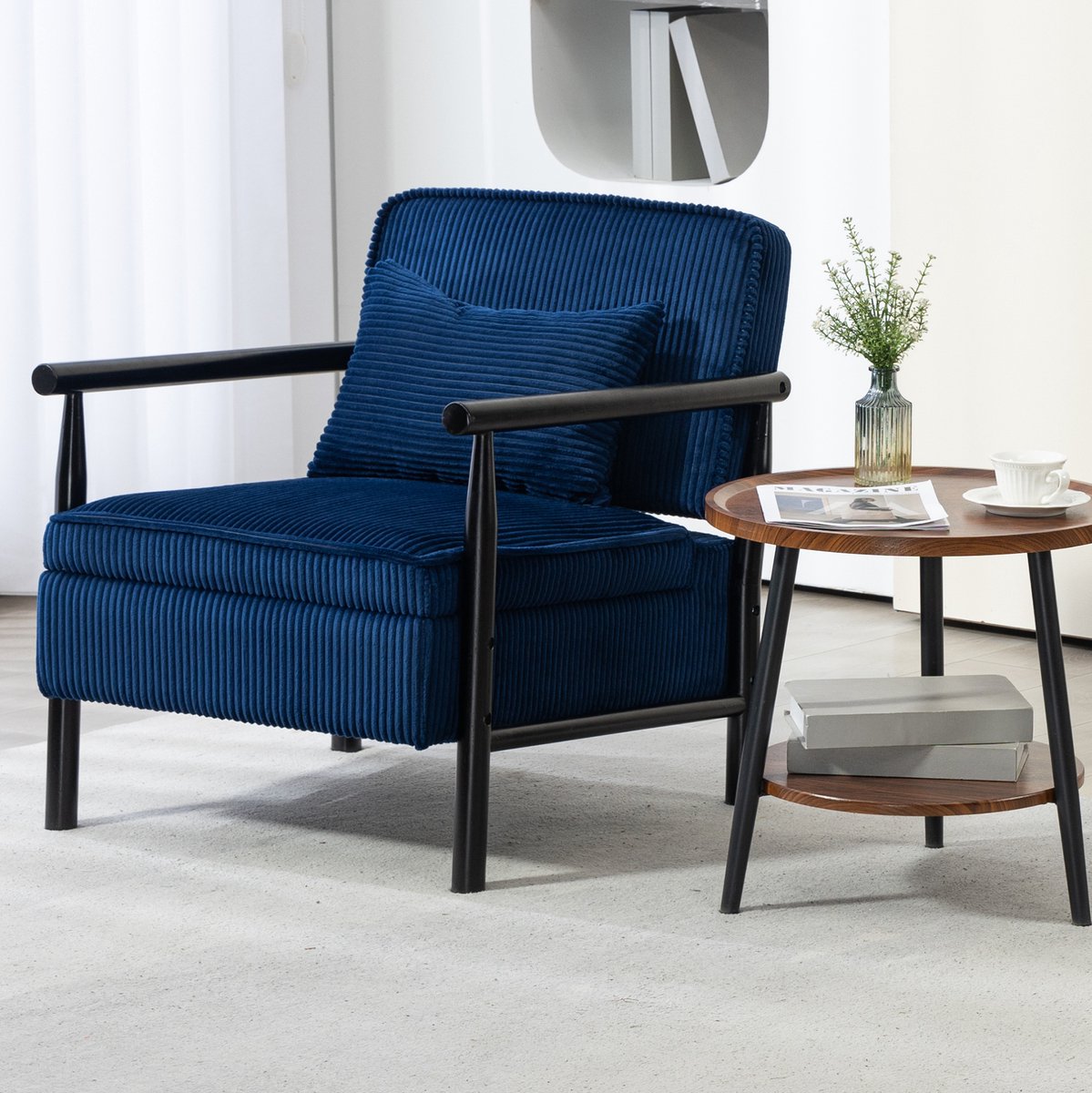 Wishdor Fauteuil blauw velvet met armleuningen en lendenkussen - Klassiek modern - Houten frame - 61 x 80 x 71,9 cm