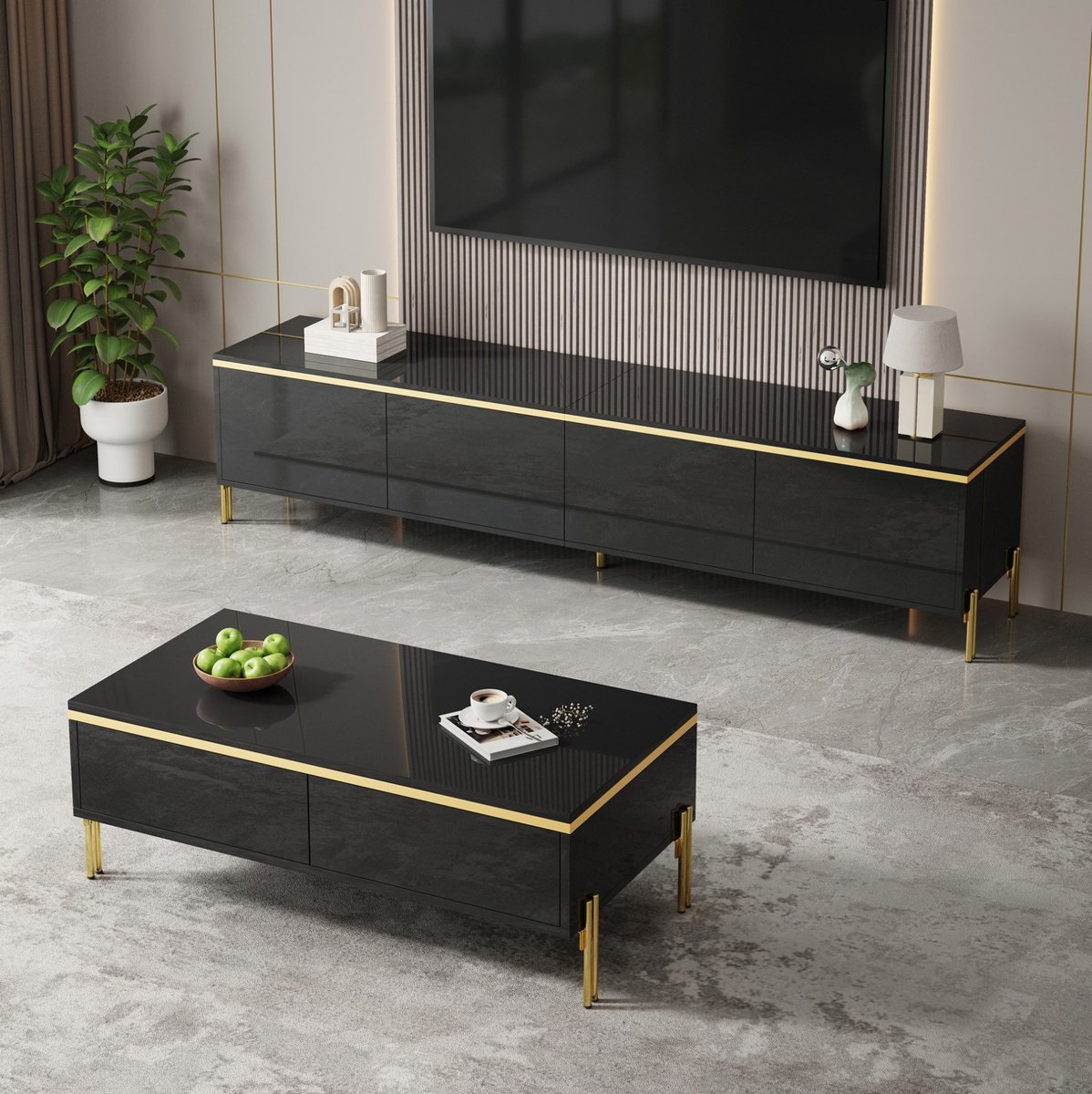 COVREO TV-meubel 170x38x50 cm zwart spaanplaat, set met salontafel