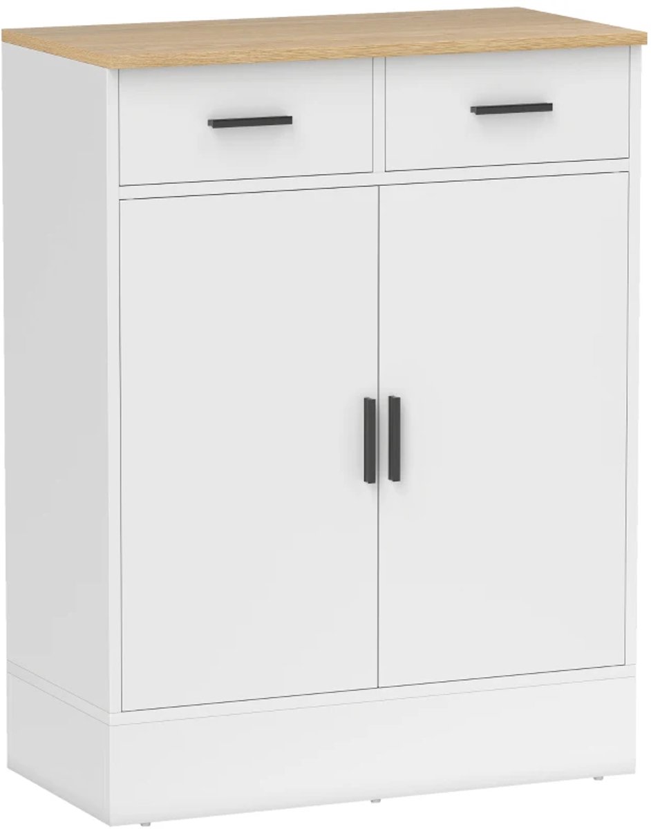 Dressoir - Opbergkast Met 2 Laden En Verstelbare Plank - Voor Keuken, Woonkamer En Hal - Natuurlijk Hout - Wit