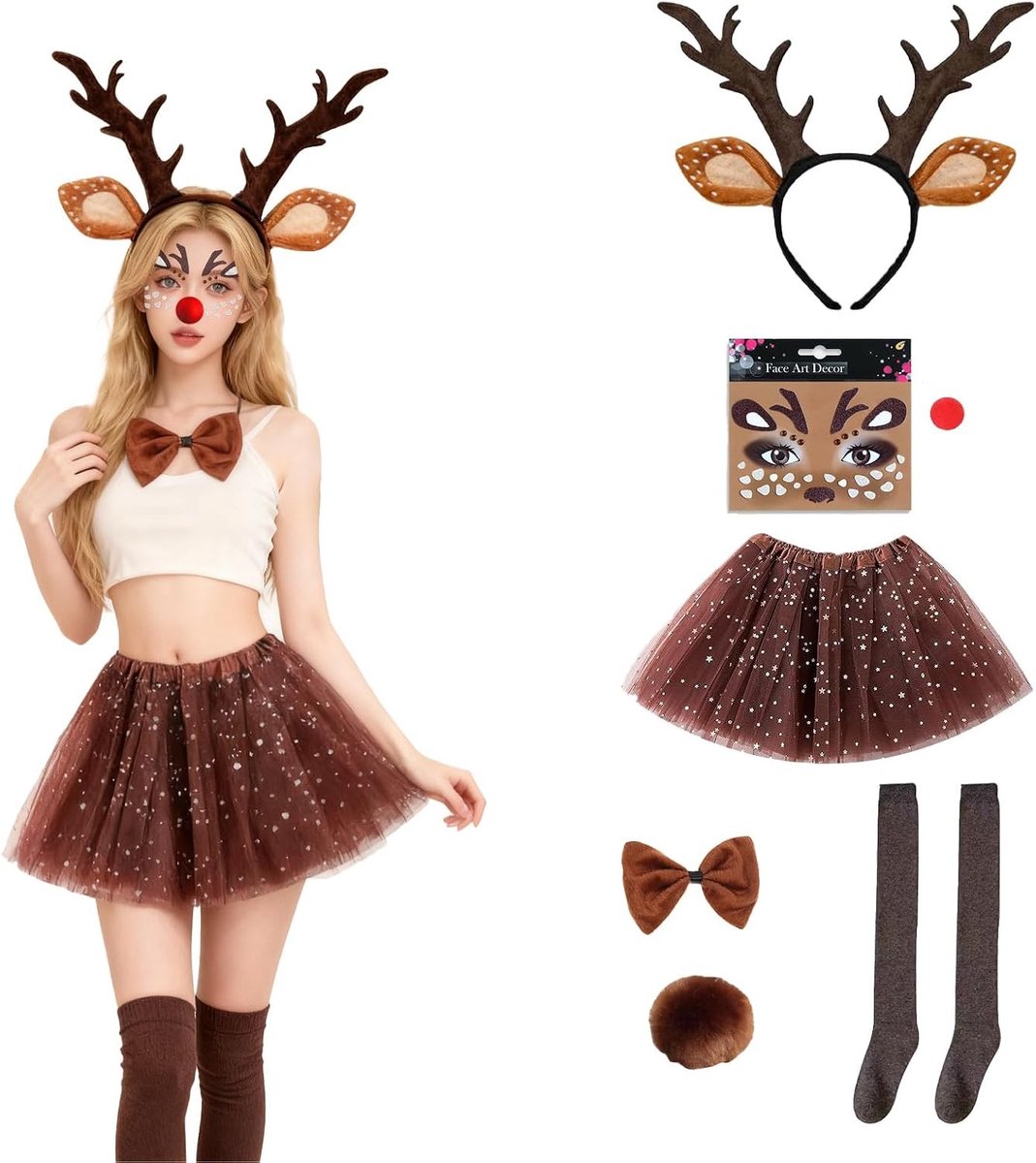 7-delig rendierkostuum voor dames, feestelijke carnavalskleding, kerstoutfit met tule rok en accessoires