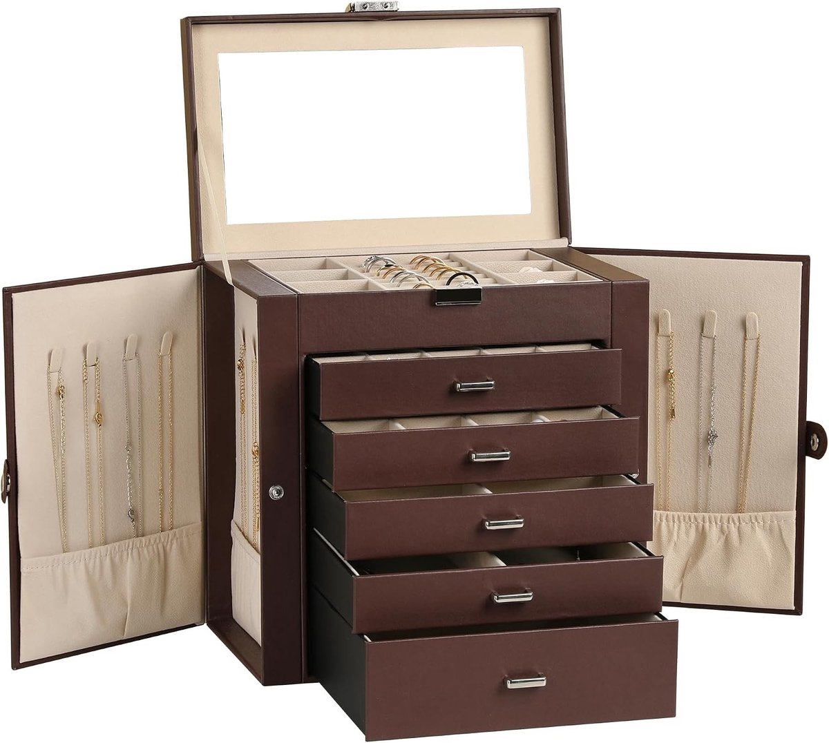 Grote 6-laagse sieradenbox van PU-leer, multifunctionele opbergdoos met spiegel, accessoirehouder met 5 lades voor kettingen, armbanden en horloges in donkerbruin