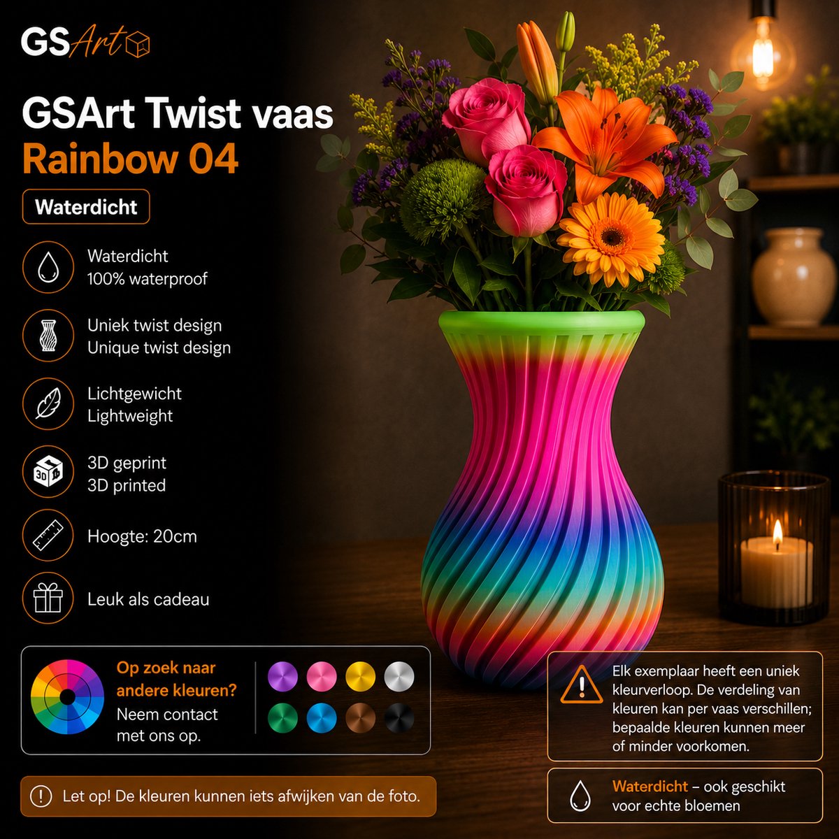 GSArt Twist Vaas Rainbow 04 – Waterdicht – 20 cm – Uniek Kleurverloop