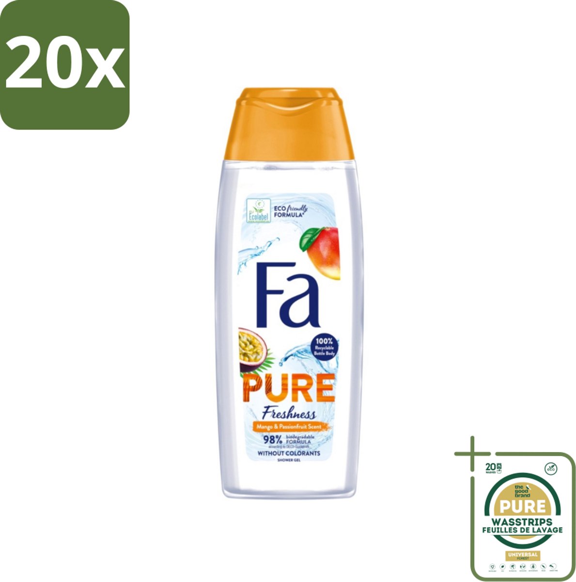 20 x Fa - Douchegel - Pure Freshness Mango & Passievrucht - Verfrissend & Zoet - Hydraterend - 250 ml - Grootverpakking - Douchegel Mango Passievrucht - Verfrissende Geur - Hydraterende Douchegel - Tropische Geur - Huidverzorging