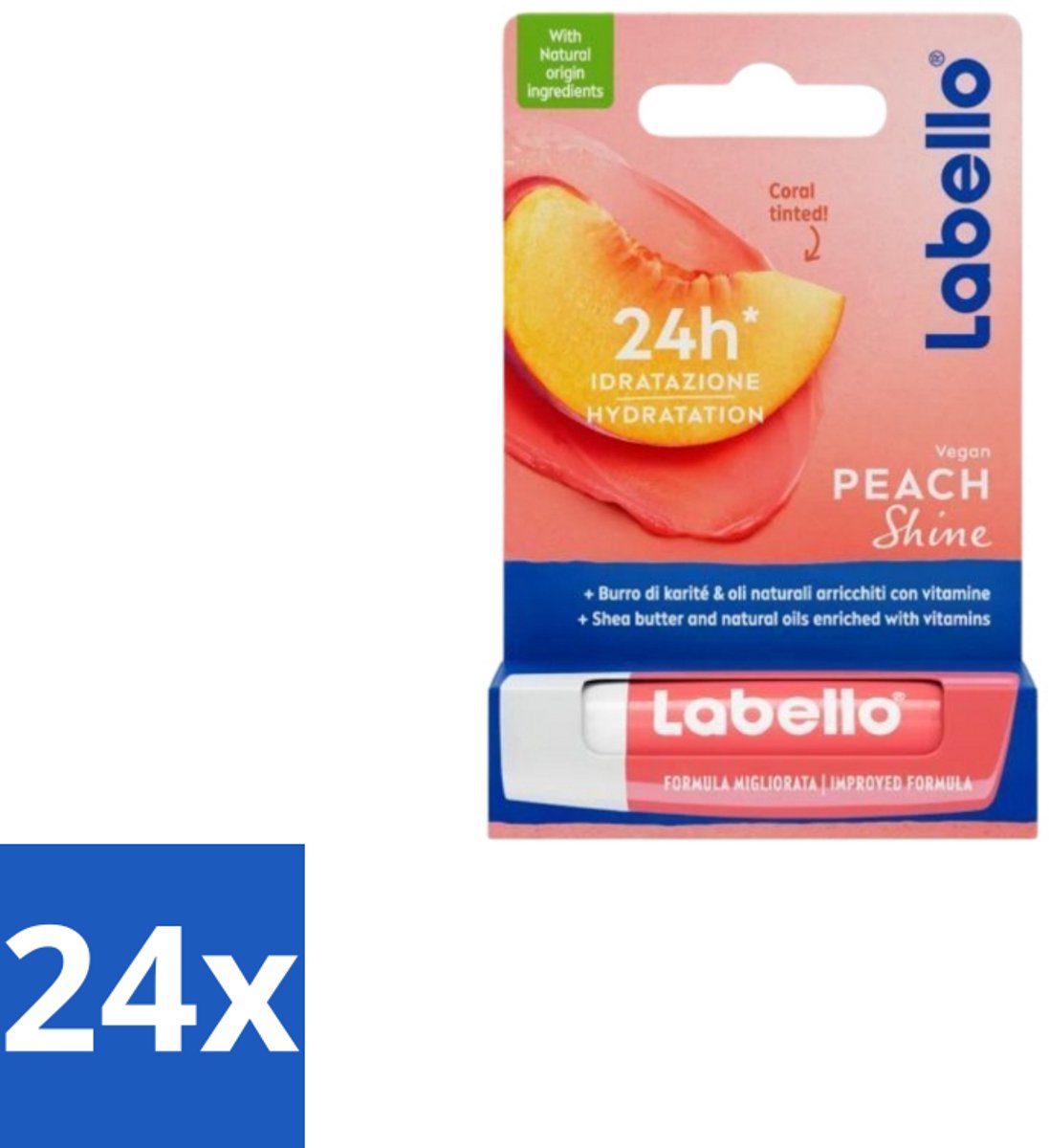 24 x Labello Lippenbalsem Blister Peach Shine 4,8 gr - Lippenbalsem - Vegan Lippenbalsem - Perzikaroma - Glans Lippen - Natuurlijke Lippenbalsem