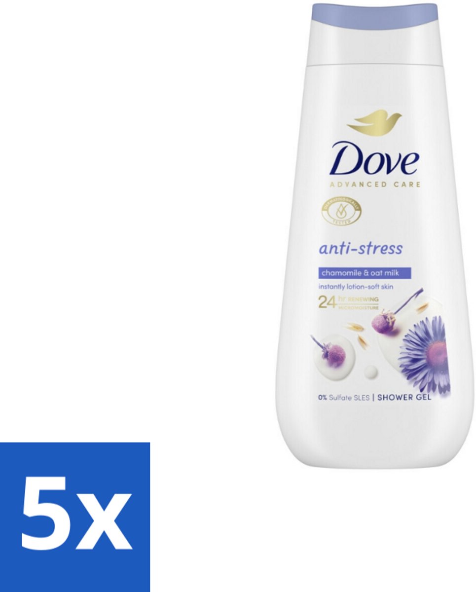 5 x Dove – Douchecrème – Anti-Stress – 225 ml - Douchecrème Anti-stress - Ontspannende Douche - Droge Huid Verzorging - Blauwe Kamille - Havermelk