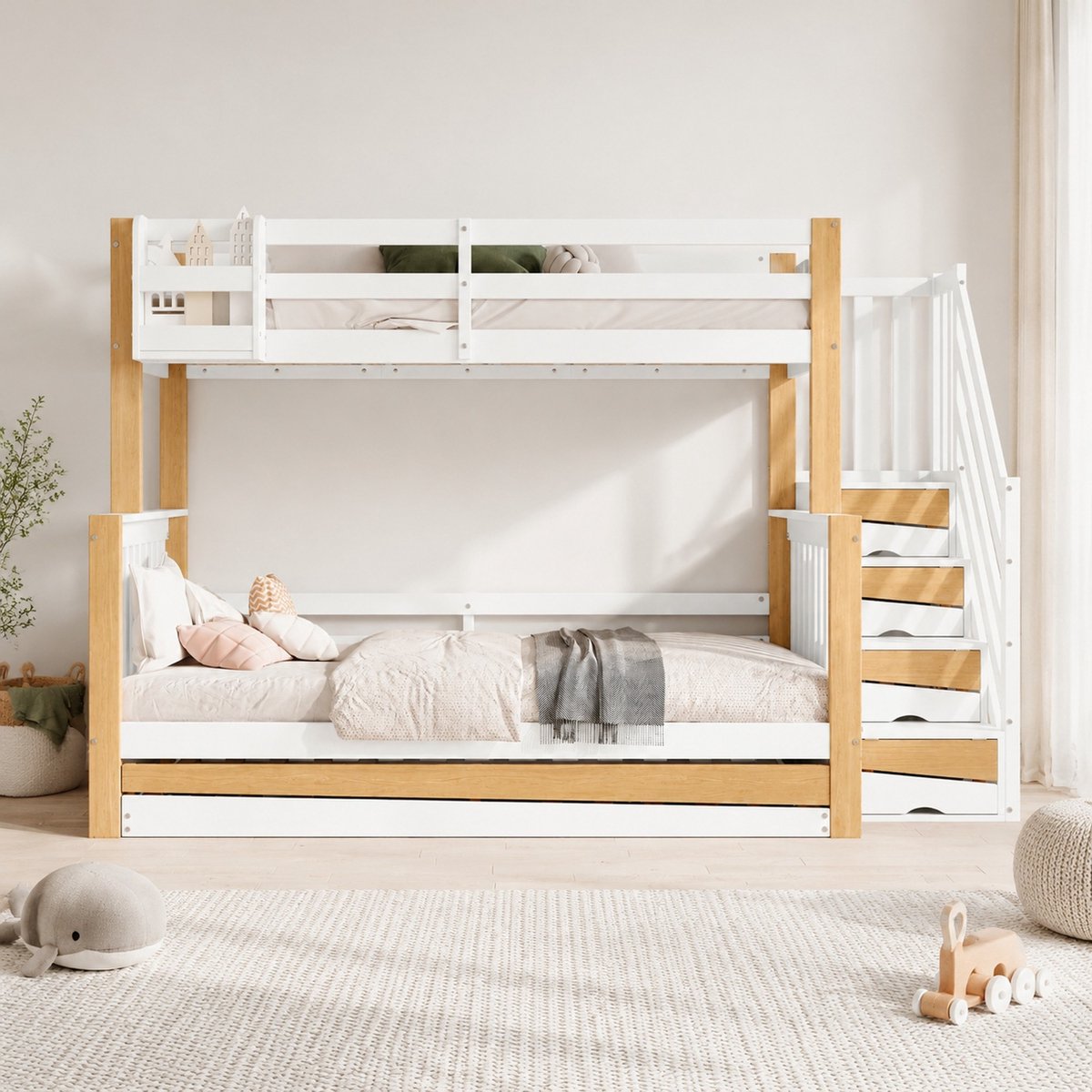 COVREO Stapelbed 254x216,5x165 cm wit naturel hout, met rolbed en trap