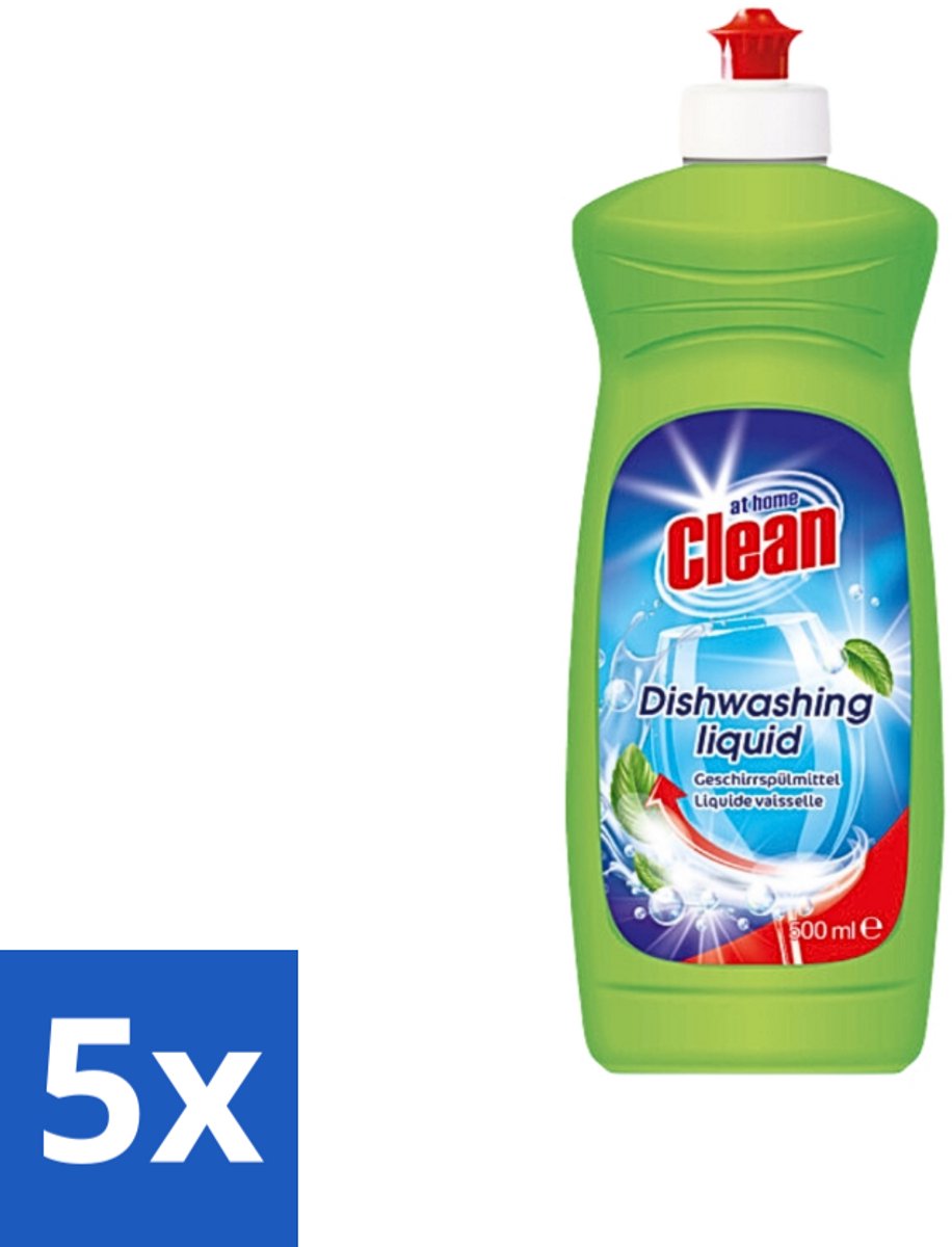 5 x At Home - Clean - Afwasmiddel - Ultra - Stralend Schone Vaat - 500 ml - Afwasmiddel - Vetverwijdering - Schone Vaat - Mild Voor Handen - Frisse Geur