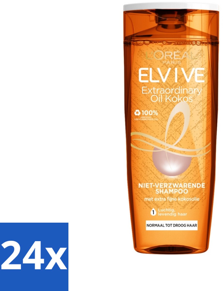 24 x L'Oréal Paris Elvive - Shampoo - Extraordinary Oil - Kokosolie - Voor Droog Haar - 250 ml - Droog Haar - Kokosolie Shampoo - Fijne Kokosolie - Siliconenvrije Shampoo - Voedend Shampoo