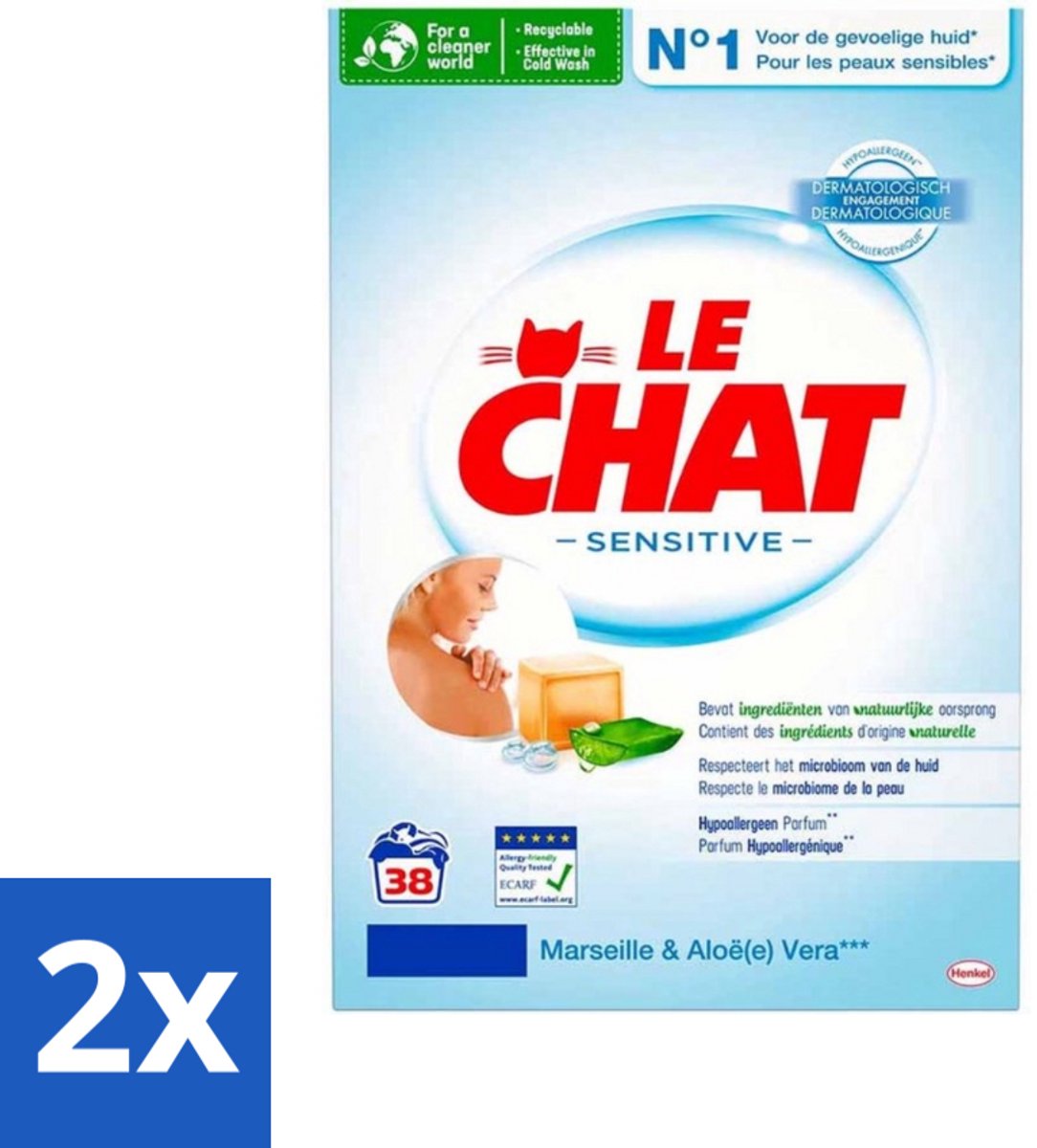 2 x Le Chat Sensitive - Waspoeder - Witte en Gekleurde Was - Marseille & Aloë Vera - 38 Wasbeurten - Waspoeder - Hypoallergeen - Gevoelige Huid - Babywas - Marseille Zeep