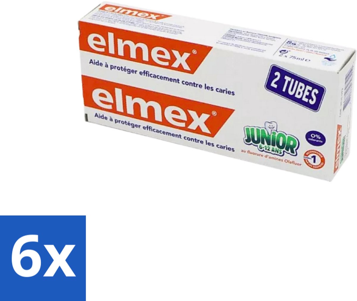 6 x Elmex Junior Tandpasta - Bescherming & Versterking voor Blijvende Tanden - Set van 2 x 75ml - Tandpasta Voor Kinderen - Kinder Tandpasta - Elmex Junior - Tandbederf Voorkomen - Fluoride Tandpasta