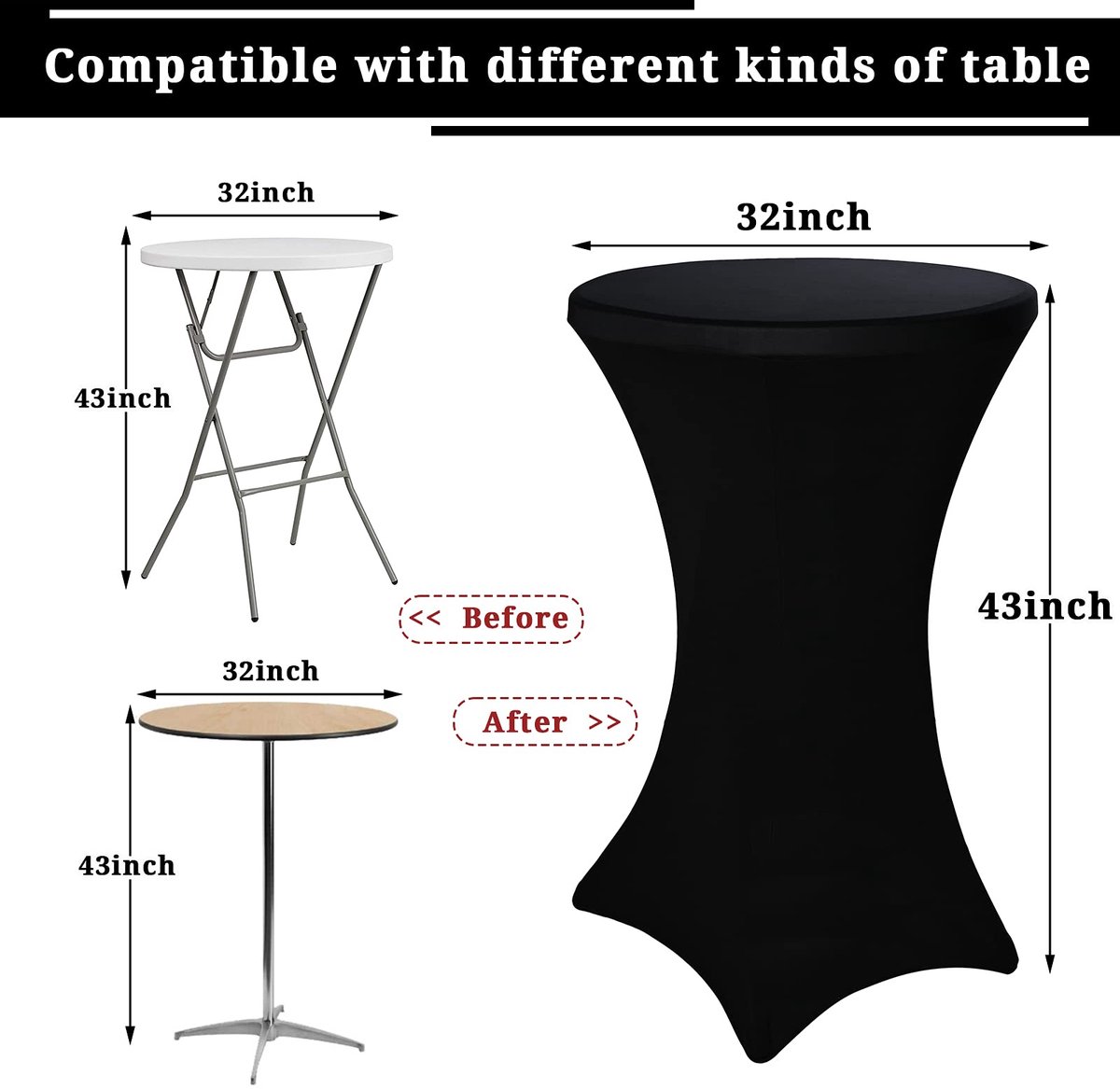 10 pak cocktail spandex stretch vierkante hoeken tafelkleed 80x110cm zwart ingerichte hoge top tafel, cocktail ronde - ShopVlot
