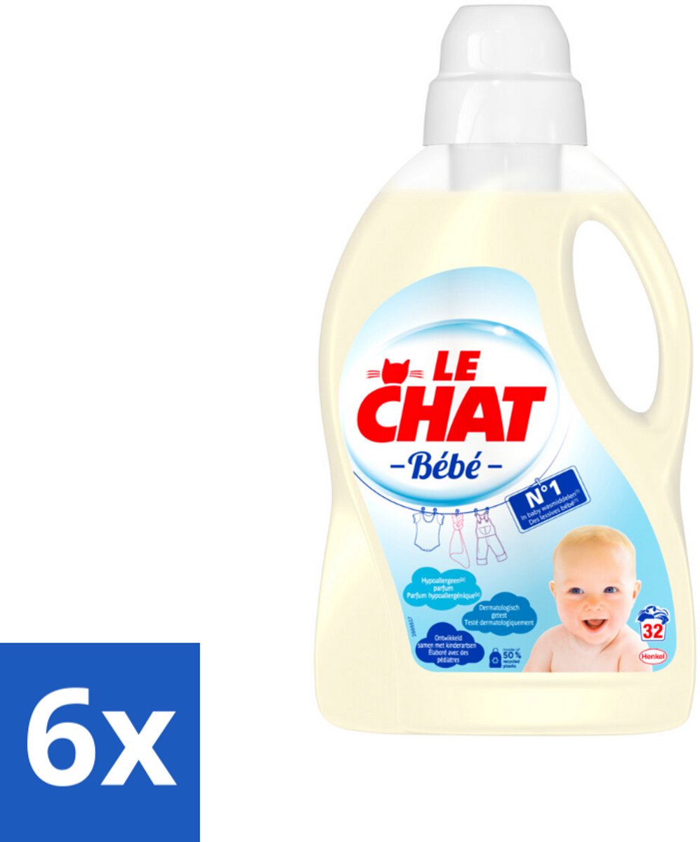 6 x Le Chat Vloeibaar Wasmiddel Bébé 32 Wasbeurten 1440 ml - Babywasmiddel - Hypoallergeen - Babyvlekken - Wasmiddel Voor Baby's - Babywas