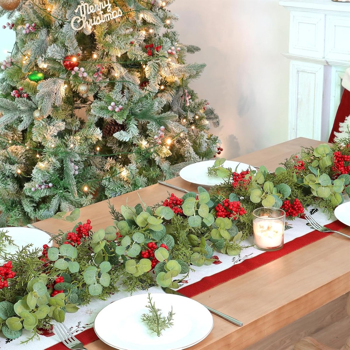 Kerstslinger 190 cm met Dennennaalden, Eucalyptus & Rode Bessen - Soepele Kerstguirlande voor Binnen & Buiten - Kerstdecoratie – foto 3