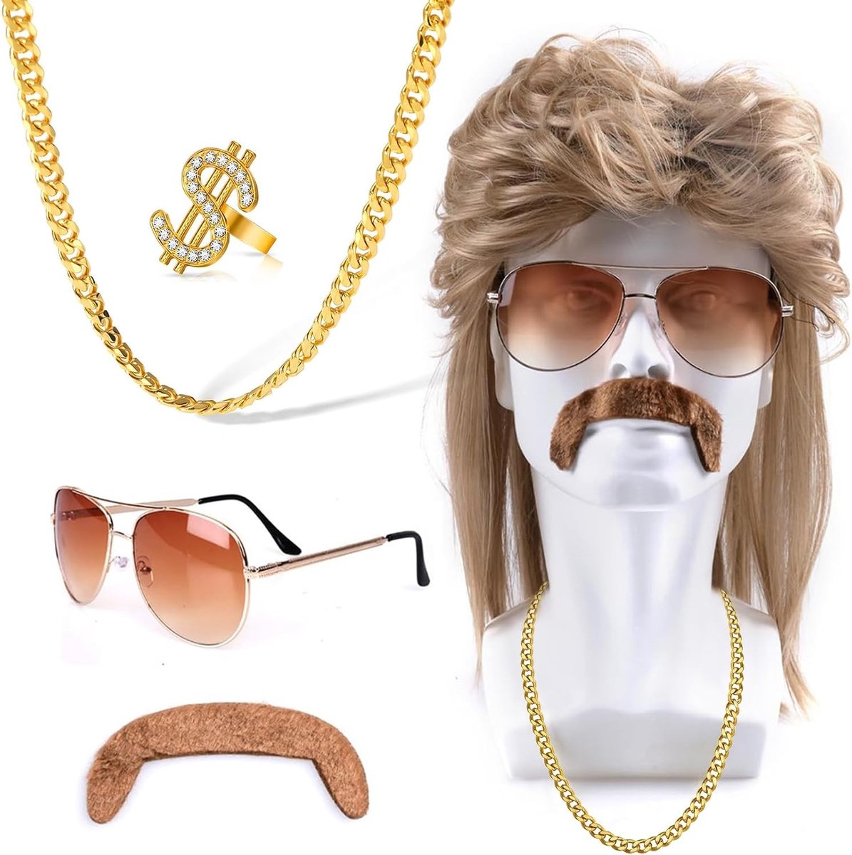 Hippie Kostuum Accessoires voor Mannen met 5 Mullet Wigs voor 70s en 80s Themapartijen en Halloween Cosplay