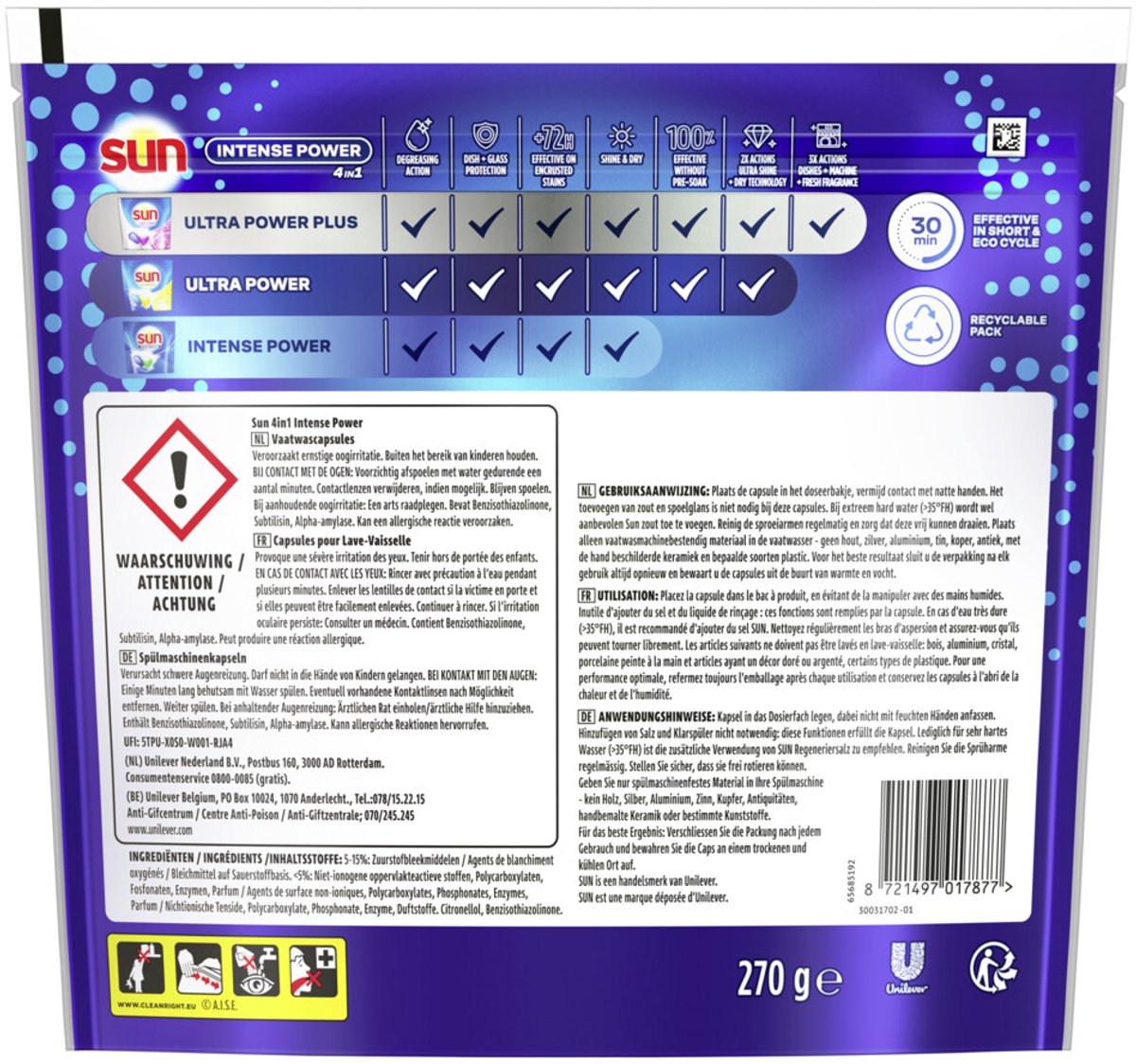 Sun - Intense Power 4 in 1 Vaatwastabletten - 8 x 18 stuks - Voordeelverpakking