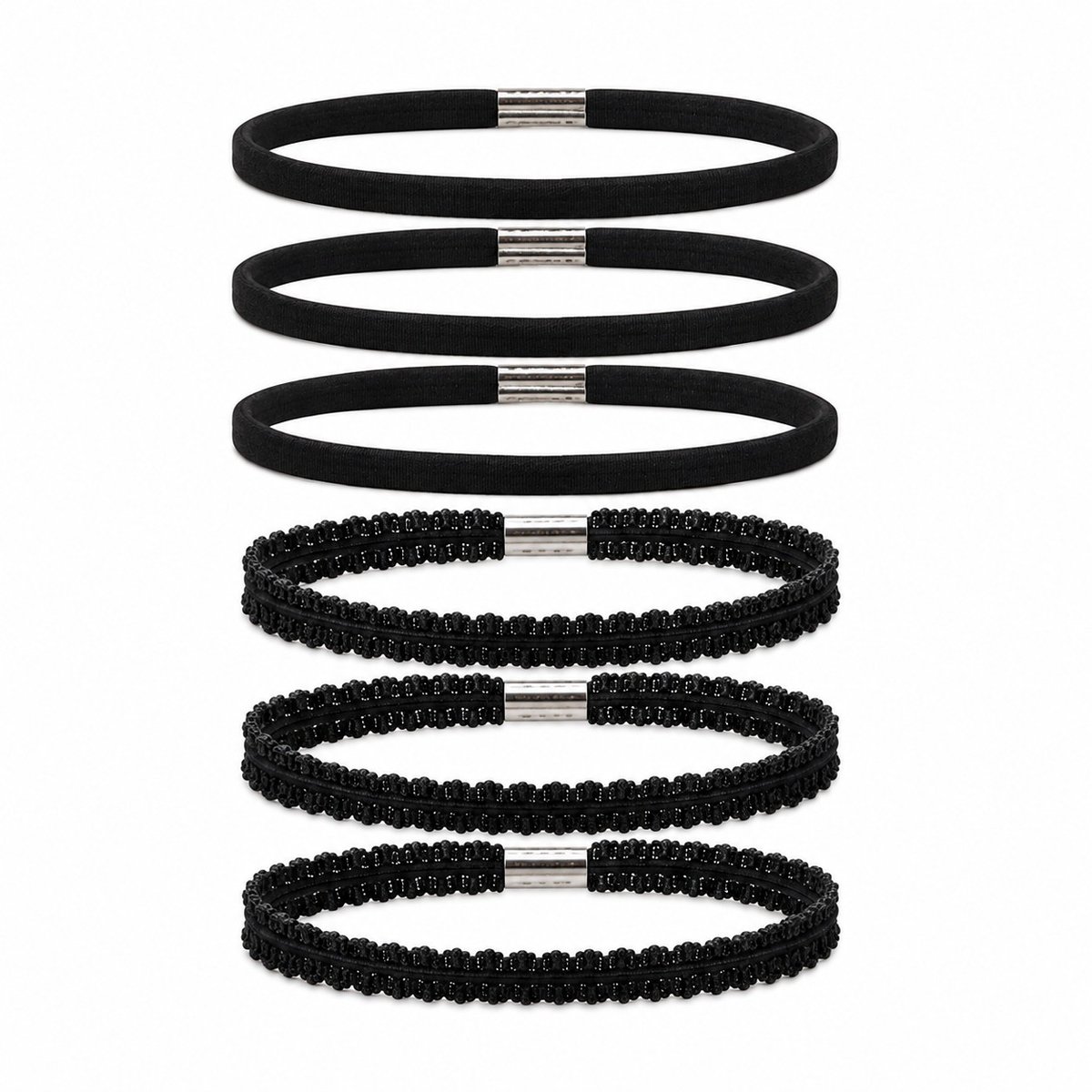 Haarsoires Haarband Sport 1cm - Elastiek - Effen en Sierband - Zwart - Set van 6 - Sporthaarband - Sportieve Hoofdband - voor Dames & Heren
