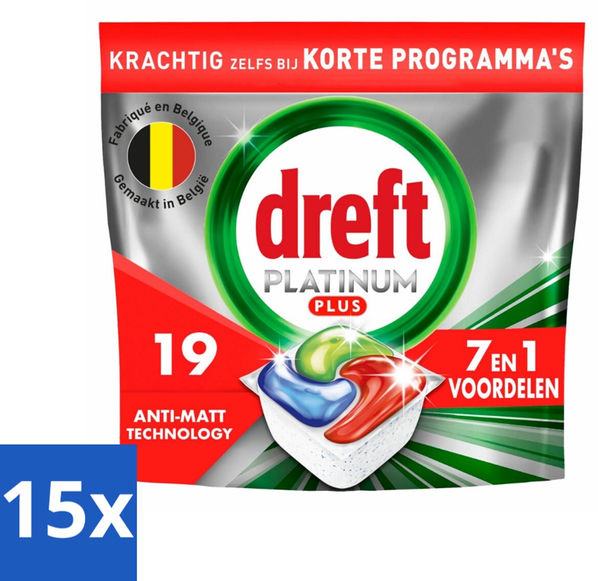 15 x Dreft - Vaatwastabletten - Platinum Plus All-in-One - Krachtige reiniging - 19 Tabletten - Vaatwasmiddel - Vaatwastabletten - Glans Herstellen - Vaat Reinigen - Vaatwasser
