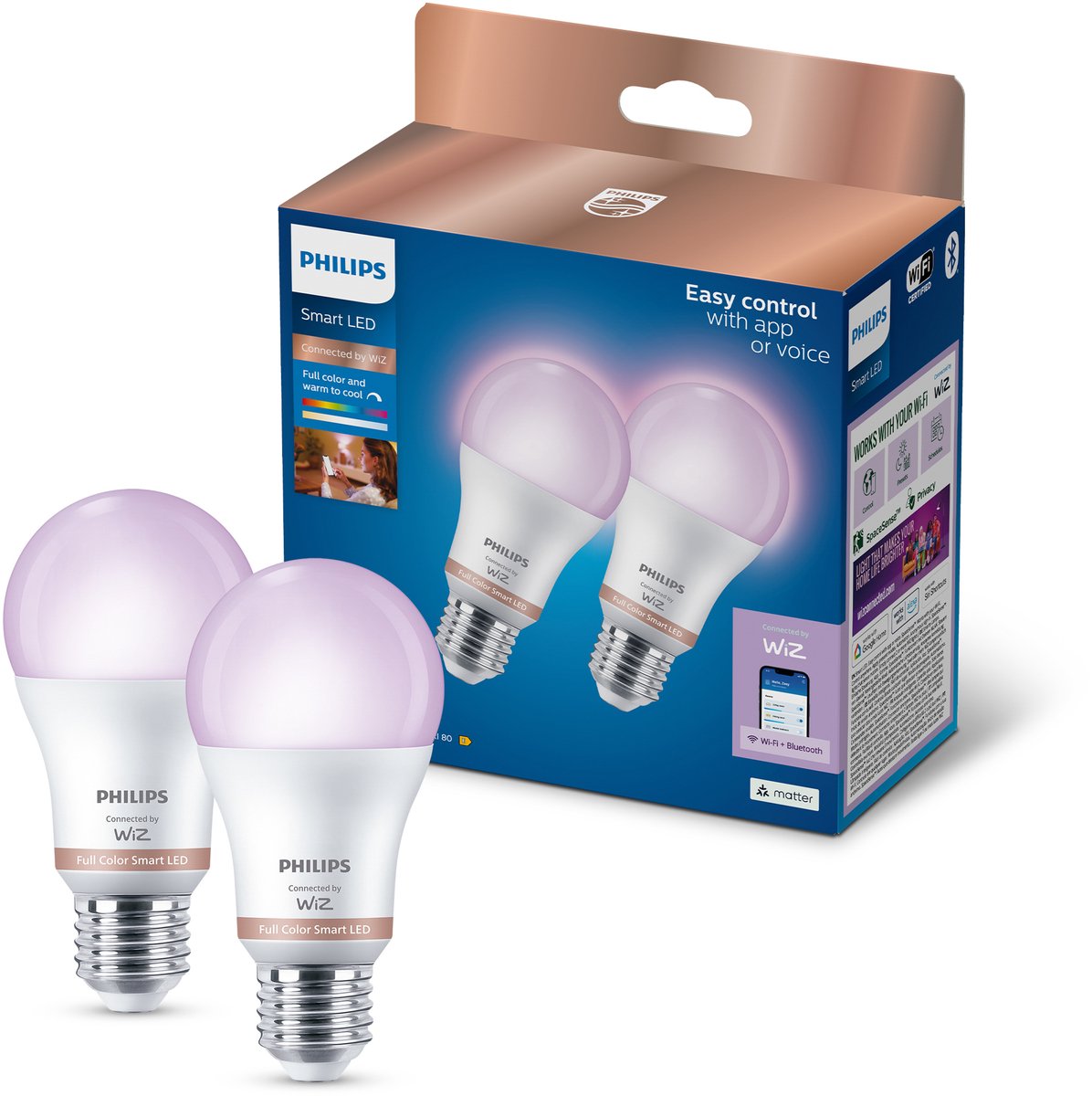 Philips Smart Lighting - LED lamp - Gekleurd en instelbaar wit licht - RGB - Dimbaar - 2 pack - E27 fitting - Standaard lampvorm: A60 - 100W - Werkt met de WiZ app - Wifi