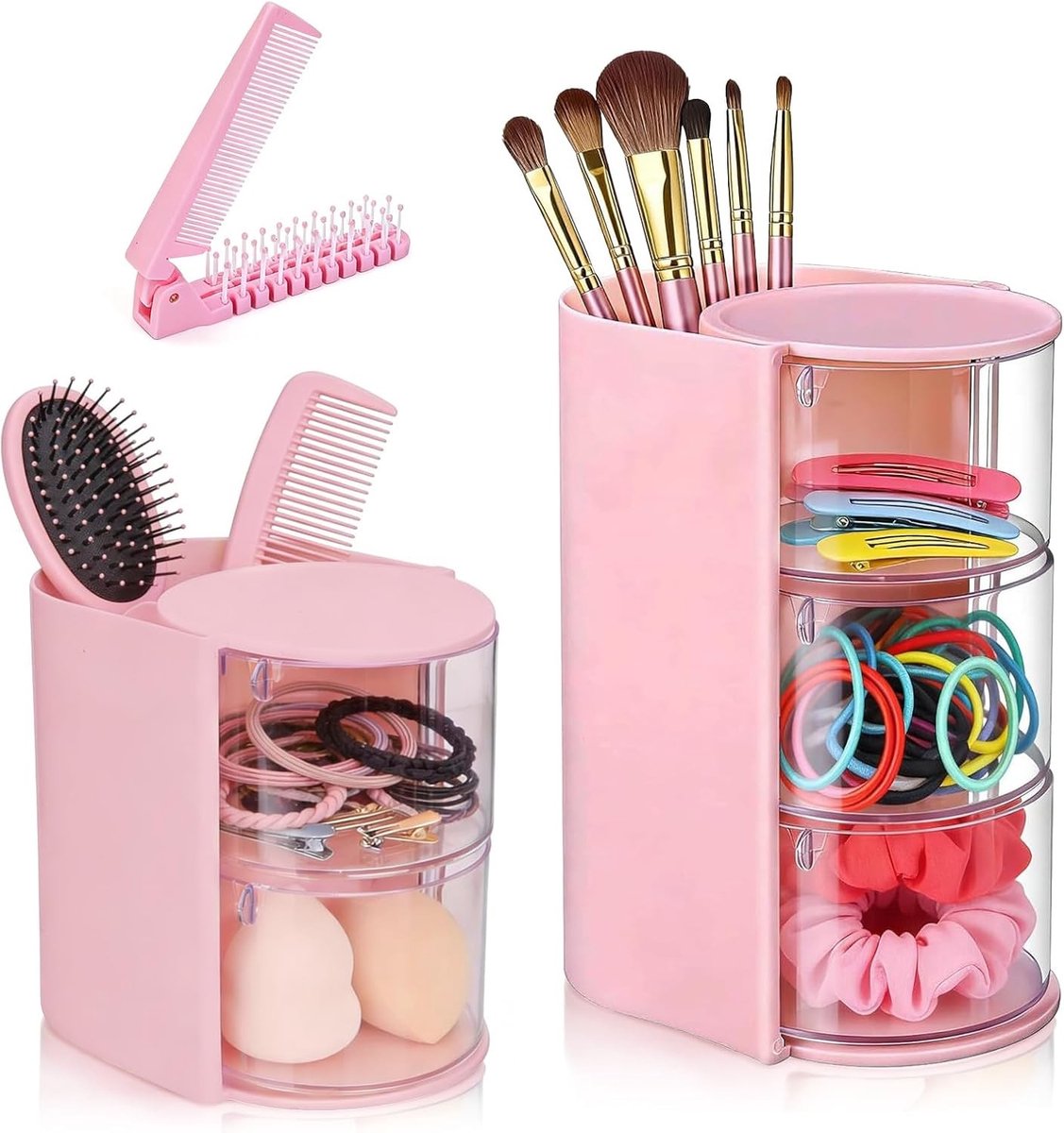 Make-uptafelorganizer met draaibare opslag voor haaraccessoires en cosmetica, ideaal voor make-up en borstelopslag in roze