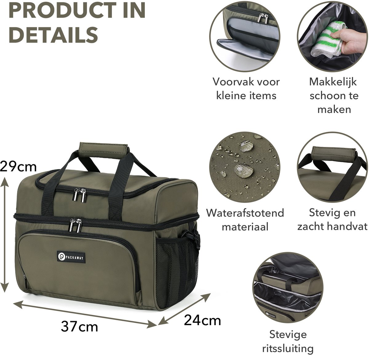 Packaway Koeltas 20L - Lunchtas - Inclusief 4 Koelelementen - Dubbel Compartiment - 4-Laags Geïsoleerd - Waterafstotend - Olive Green — cadeau in Sport & Outdoor - foto 8