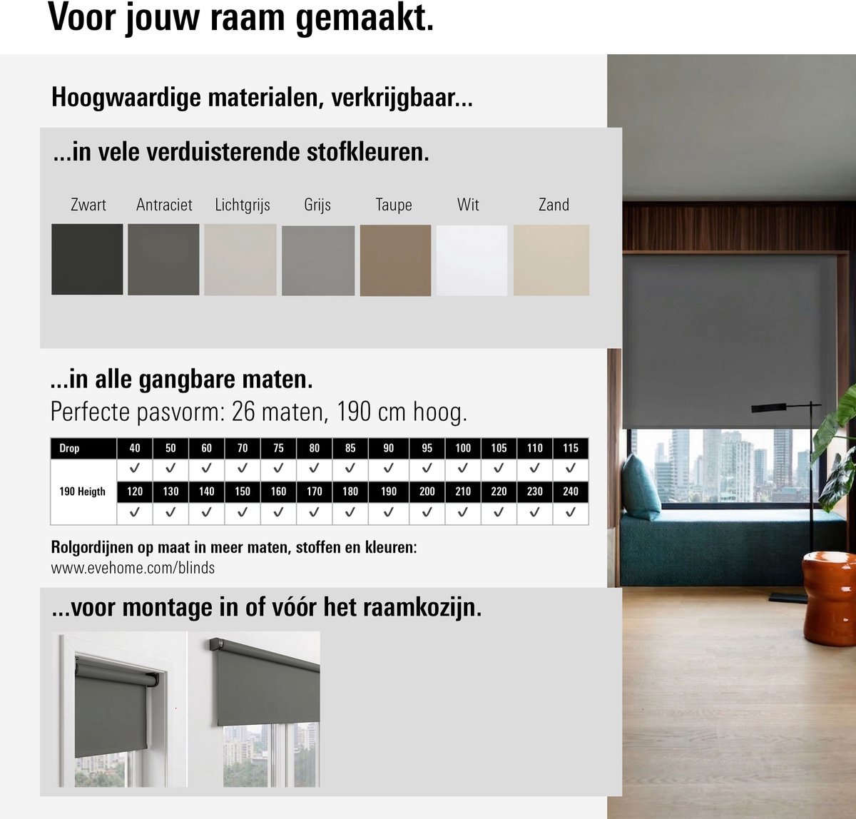 Eve Motionblinds (Matter) - Slim elektrisch rolgordijn voor binnen, app-/spraakbediening, schema's, verduisterend, oplaadbare accu, vrijhangend, schroefmontage, automatiseringen, vereist een hub, wit - 200x190cm