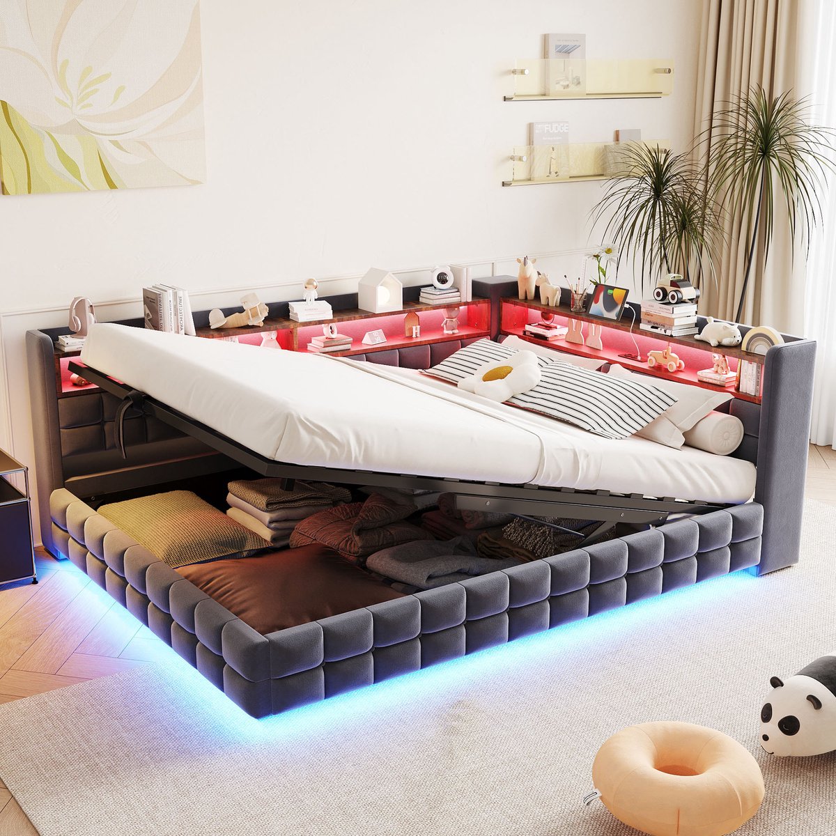 Kinderbed, Multifunctioneel gestoffeerd bed slaapbank 140 × 200 cm, met hydraulische opbergruimte, houten rek, LED-lichtstrip, stopcontact, USB- en Type-C-oplaadpoorten, lattenbodem ondersteuning, fluweel stof donkergrijs