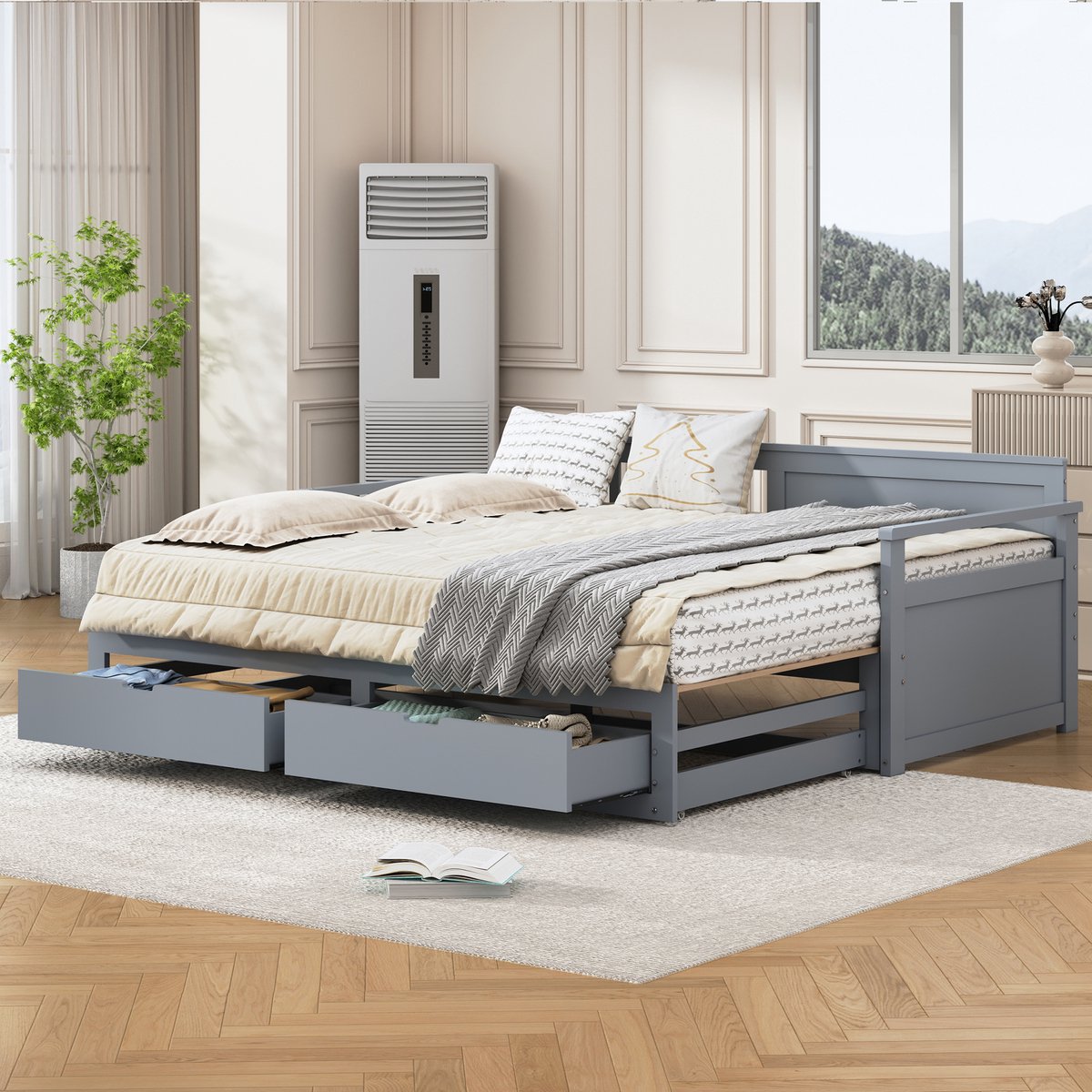 Bedbank Met Uitschuifbed - 90x190 cm - 180x190 cm - Grenen Frame - Opberglade - Grijs