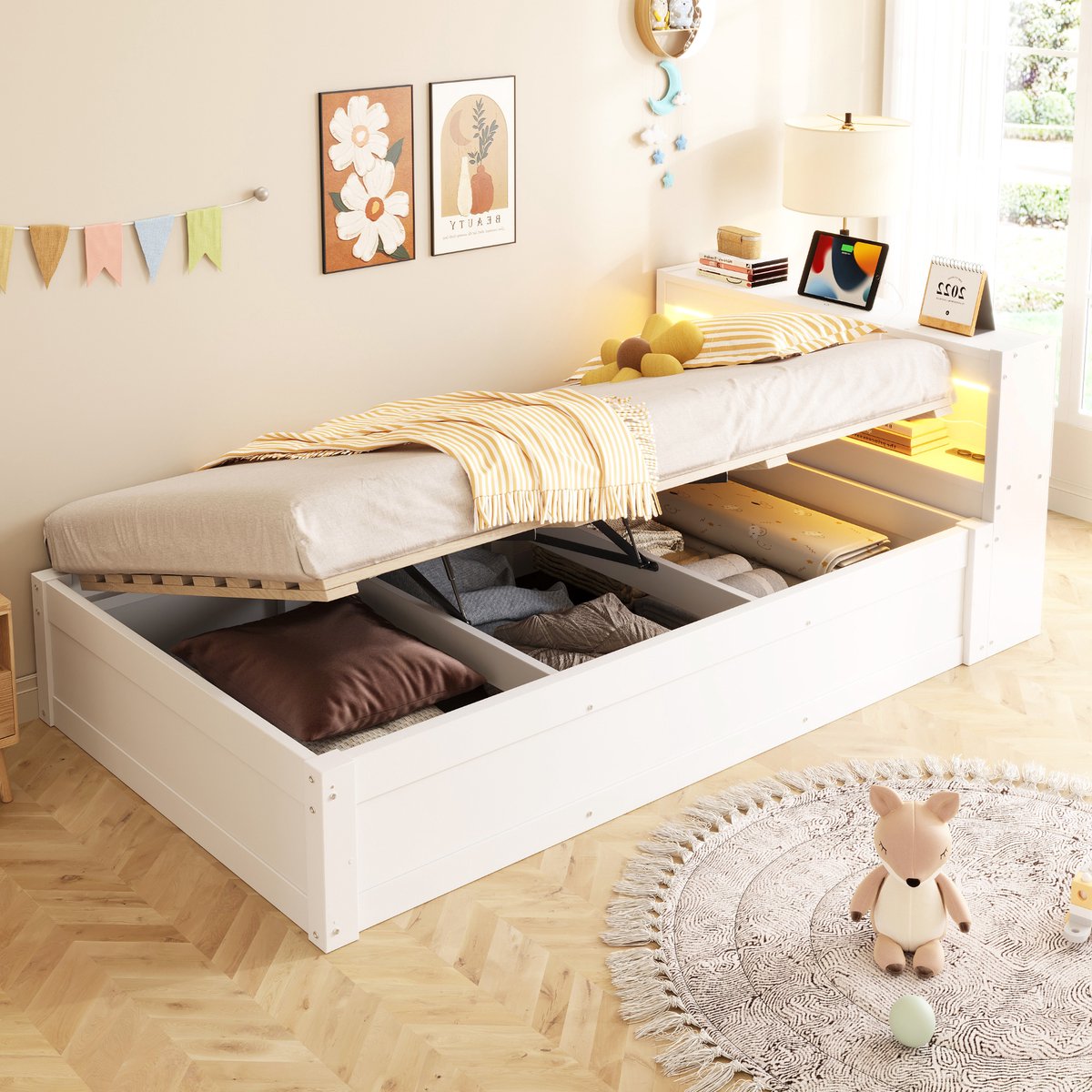 Slaapbank 90x200 cm - Met Opbergruimte - Met LED-verlichting - Met Stopcontact - Wit