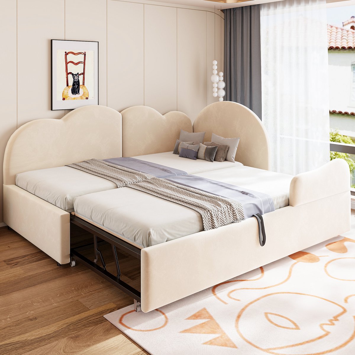Slaapbank 90x190 cm - Met Hoofdeinde - Met Fluweel - Uitschuifbaar - Beige