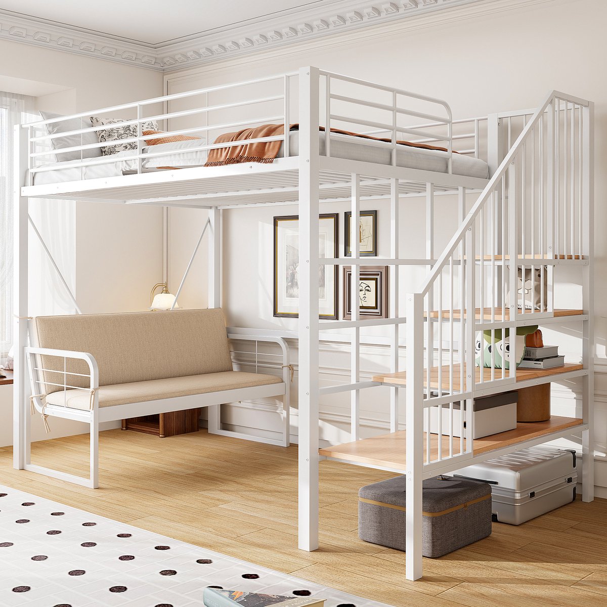 Stapelbed 140x200 cm - Met Opbergruimte - Met Ladder - Wit