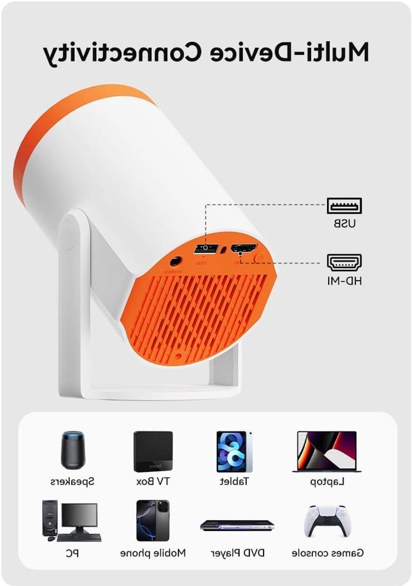 Draagbare mini-projector - Zakprojector - Thuisbioscoop creëren - Ingebouwde Android 13 - Tot 235 inch - Oranje en wit