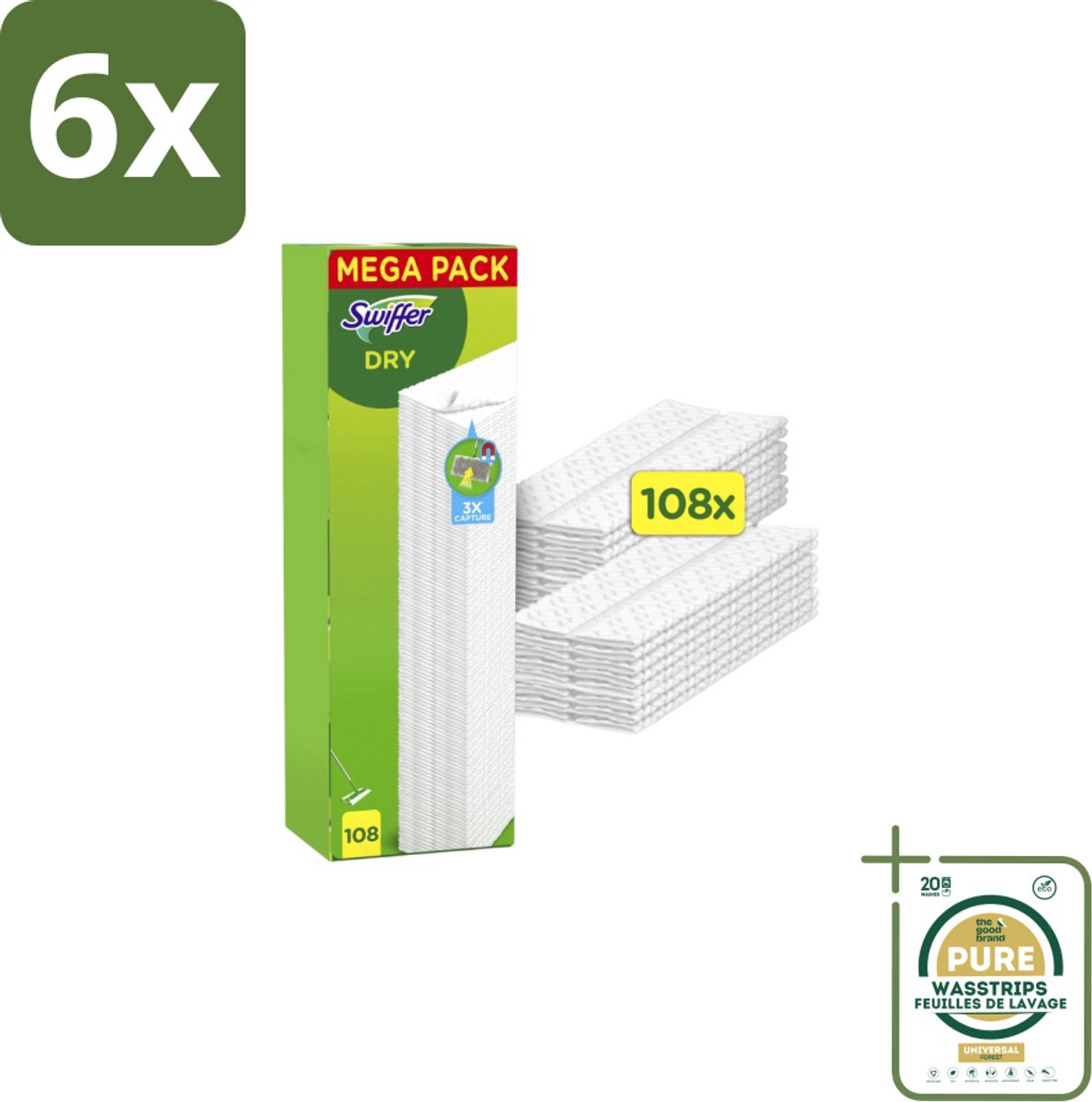 Swiffer – Vloerdoekjes – Dry Navullingen – 108 doekjes - Voordeelverpakking - 6 stuks - Stofzuigen - Haren verwijderen