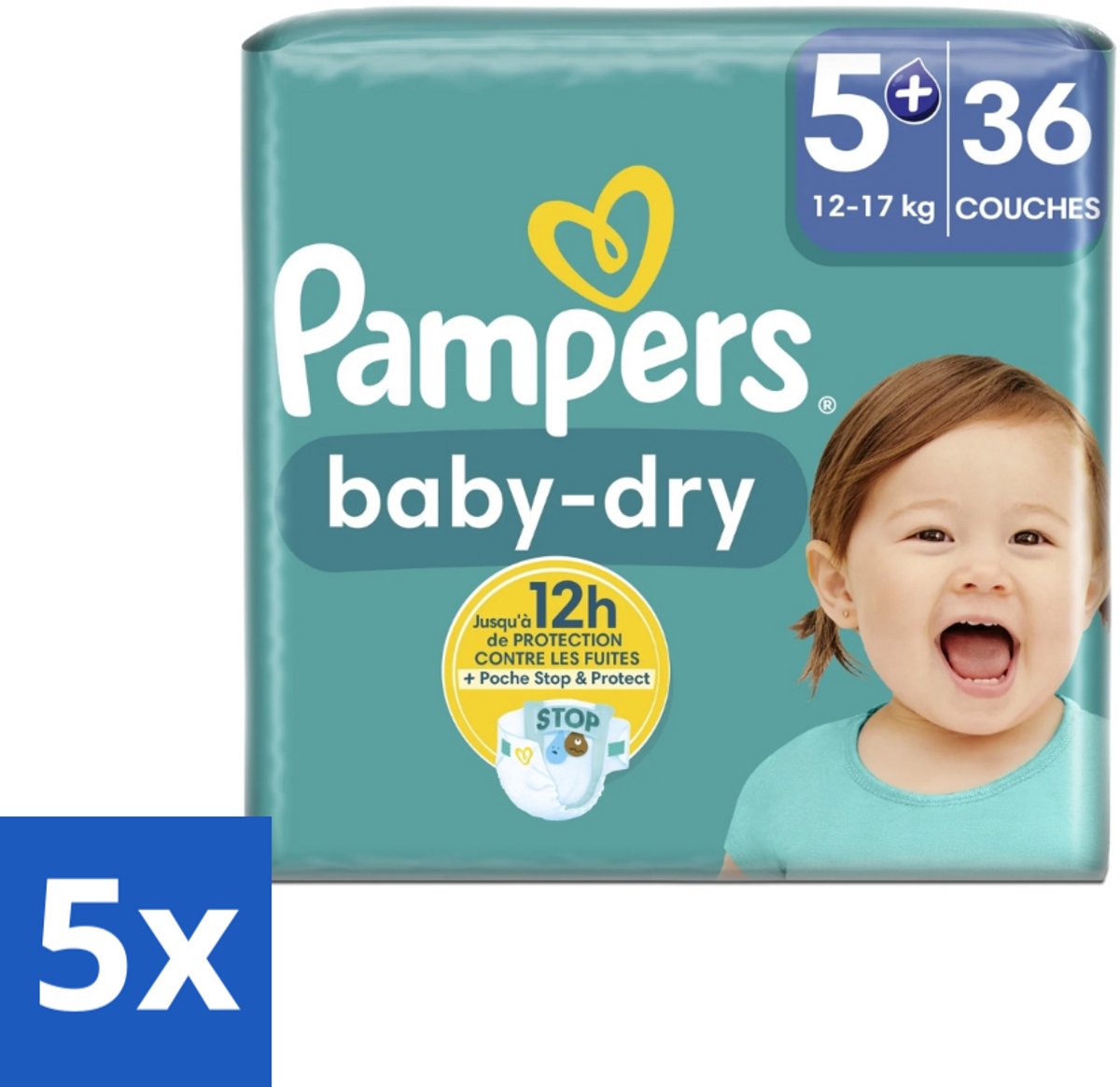 Pampers – Luiers – Baby-Dry Maat 5+ (12-17 kg) – 36 Luiers - Bulkverpakking - 5 stuks