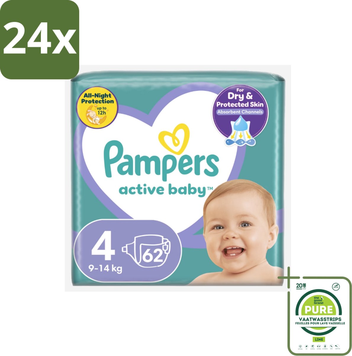 Pampers – Luiers – Active Baby Maat 4 (9-14 kg) – 62 Luiers - Voordeelverpakking - 24 stuks - Luiers voor baby - Droge luiers