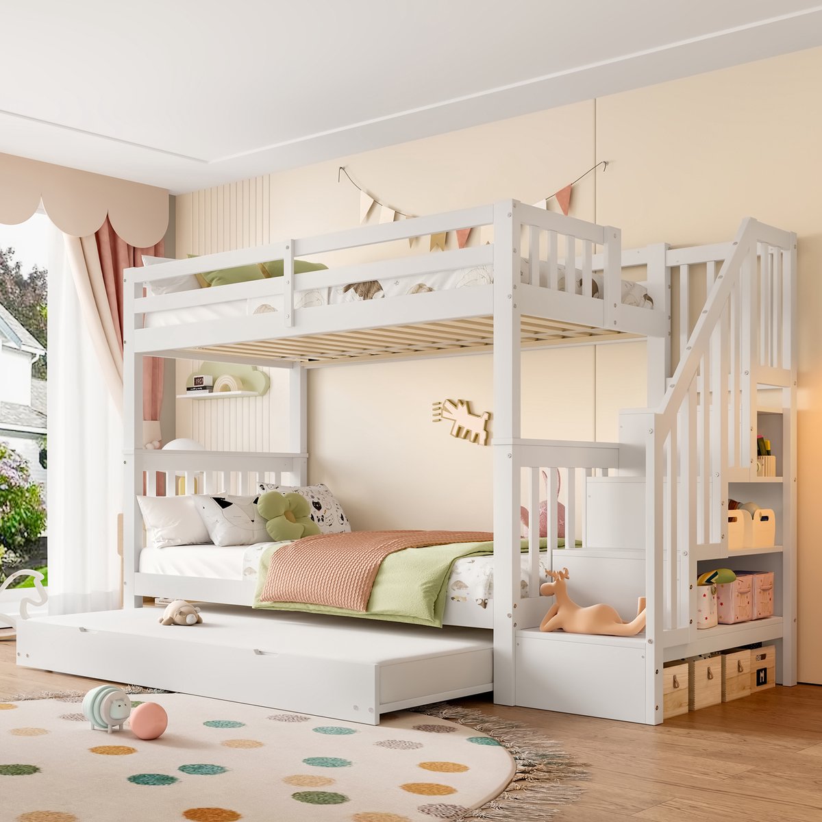 Stapelbed met uitschuifbaar rolbed en opbergtrap - 90x200 cm - 2 personen - Wit - Hoge veiligheidsleuningen en opbergplanken in trap - EN747-1 gecertificeerd grenenhout